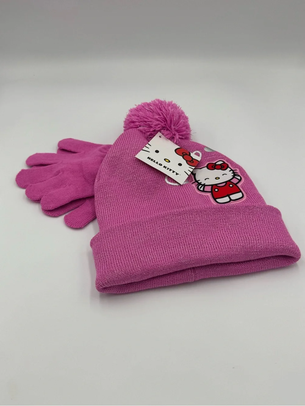 Hello Kitty Kids Pink Pom Beanie and Gloves Set NWT